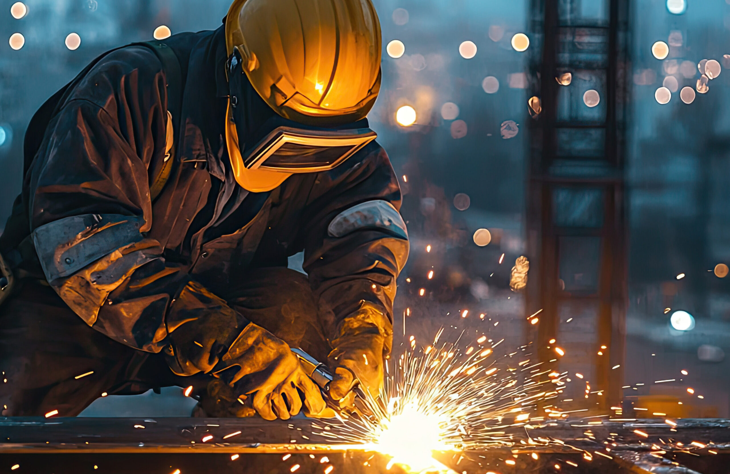 Welder at work wearing a yellow helmet and navy coveralls